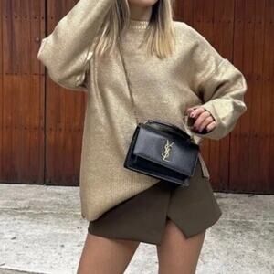 Zara Women's Cracked Metallic Boxy Knit Sweater Small Golden
